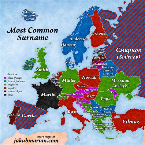 Most common surnames by country in Europe