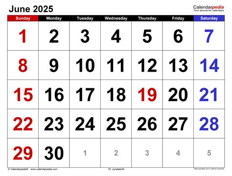 June 2025 Calendar | Templates for Word, Excel and PDF