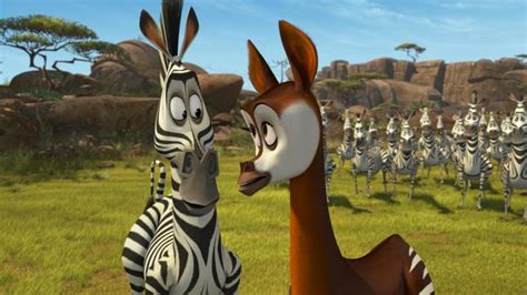 an animated giraffe standing next to a zebra in front of a herd of zebras