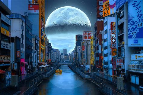 Japan, osaka, river, giant moon, buildings, hop, edited, City, HD ...