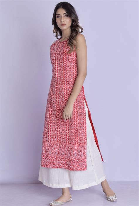 Red Halter Neck Chikankari Kurta Palazzo -Chikankari handwork all over ...