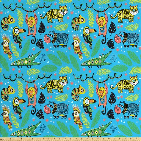 Animal Fabric by The Yard, Colorful Pattern of Various Jungle Animals ...