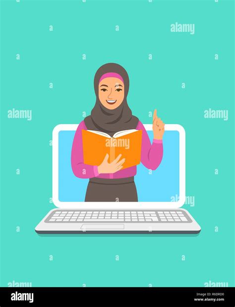 Online education concept. Young arab woman teacher holds open book and ...