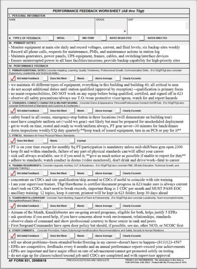 AF Form 931 Performance Feedback Worksheet