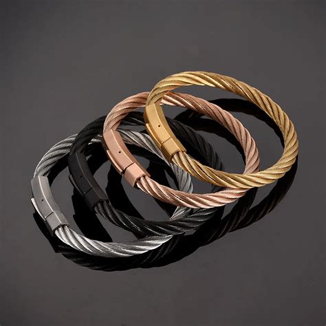 Elastic Magnetic Openable Twisted Cable Cuff Bangle Bracelet Women Men ...