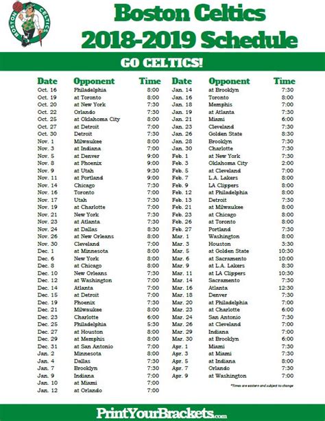 Celtics Schedule Printable