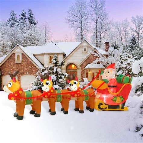 10 Foot Long Lighted Christmas Inflatable Santa Claus on Sleigh with 3 ...