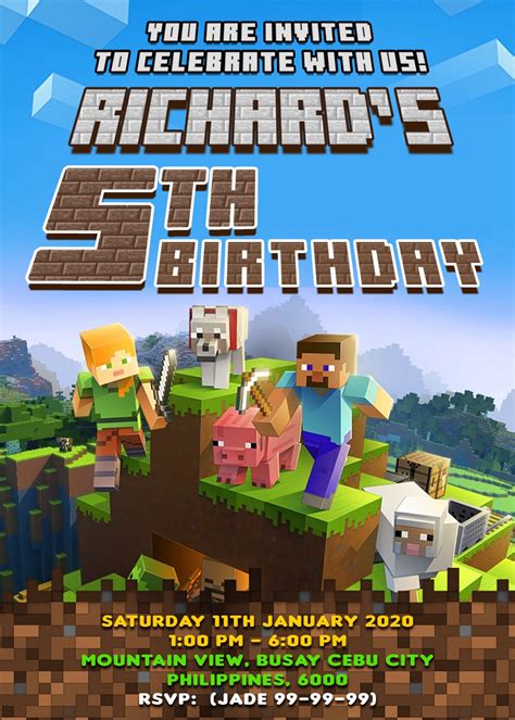 Minecraft Birthday Invitation Card, Minecraft for kids, Minecraft ...