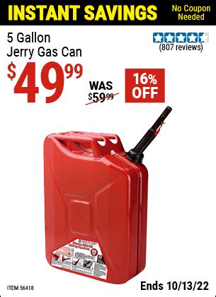 MIDWEST CAN 5 Gallon Jerry Gas Can for $49.99 – Harbor Freight Coupons