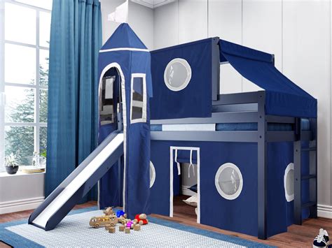 Jackpot Castle Low Loft Bed with Slide Blue & White Tent and Tower ...