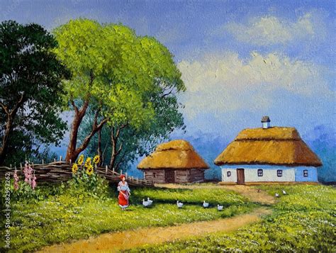 Oil paintings rural landscape, house in the village, old village. Fine ...