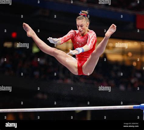 St Louis, USA. June 27, 2021: Grace McCallum performs her bar routine ...