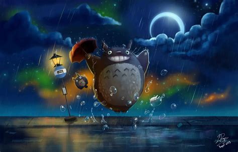 Wallpaper night, rain, umbrella, road sign, Totoro, My Neighbor Totoro ...