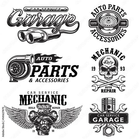 Set of vintage monochrome auto repair service templates of emblems ...