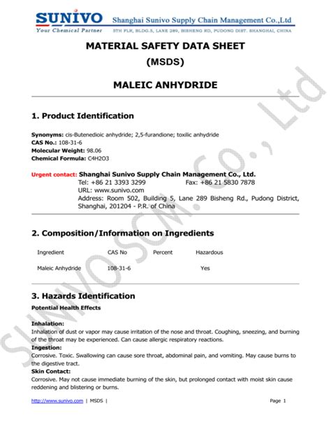 MATERIAL SAFETY DATA SHEET (MSDS) MALEIC ANHYDRIDE