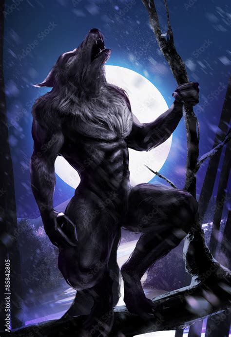 Fantasy artwork of werewolf howling beast on a tree howling on full ...