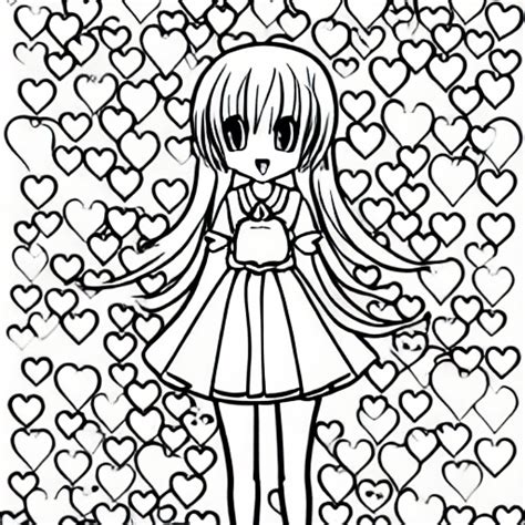 Anime Girl Hearts and Trees Coloring Page · Creative Fabrica