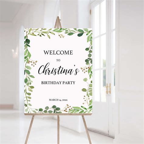 Greenery Leaves Party Welcome Board Template | Instant Download ...