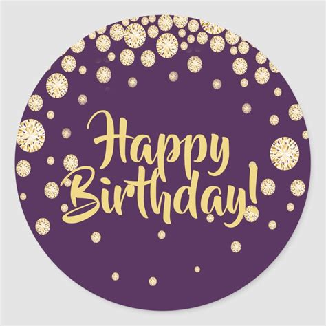 Happy Birthday purple gold diamonds Classic Round Sticker | Zazzle ...