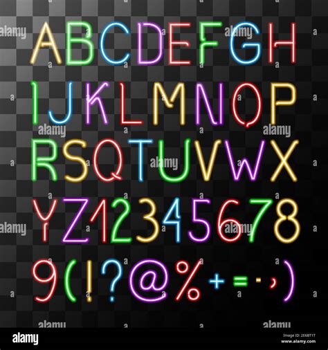 Neon alphabet set with letters numbers and symbols on transparent ...