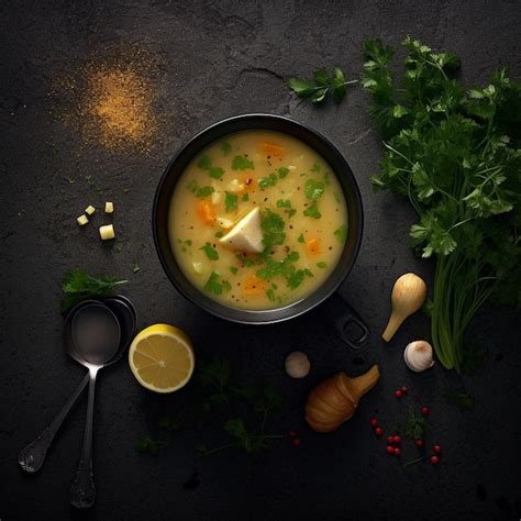 Premium Photo | A bowl of soup with a spoon and a spoon on the table.