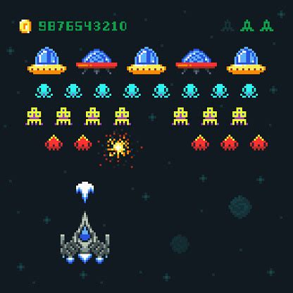 Vintage Video Space Arcade Game Vector Pixel Design With Spaceship ...