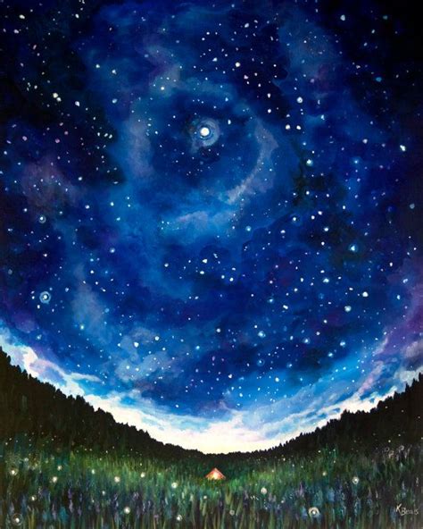 a painting of the night sky with stars and grass in front of it, as ...