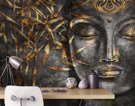 3d look concrete buddha and gold style leaves wallpaper mural – Artofit