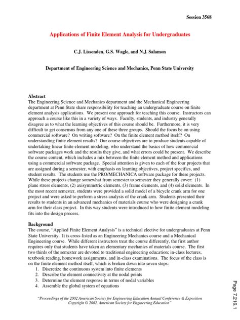 Applications of Finite Element Analysis For Undergraduates 1 | PDF ...