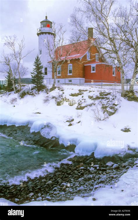 Eagle Harbor Lighthouse at Lake Michigan in winter, USA, Michigan ...