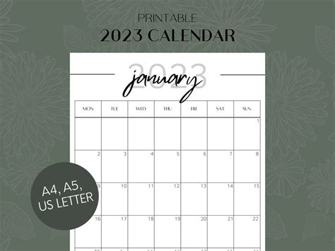 Printable 2023 Calendar Year Month Week Day PDF A4 A5 - Etsy Israel