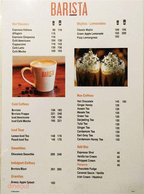 Menu of Barista, Park Street, Kolkata | Dineout discovery