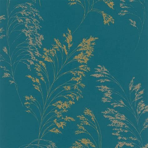 Shimmery Teal/Gold Shrub Leaf On Plain Linen Texture Vinyl on Non-Woven ...