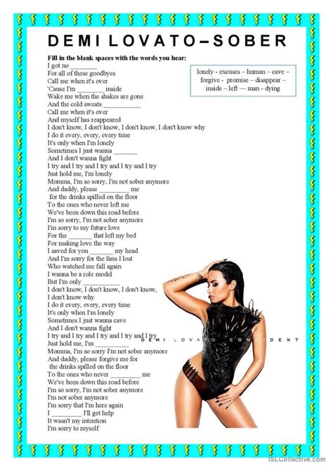 Demi Lovato - Sober Lyrics song and…: English ESL worksheets pdf & doc