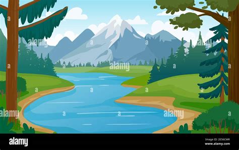 Mountain and lake landscape. Cartoon rocky mountains, forest and river ...