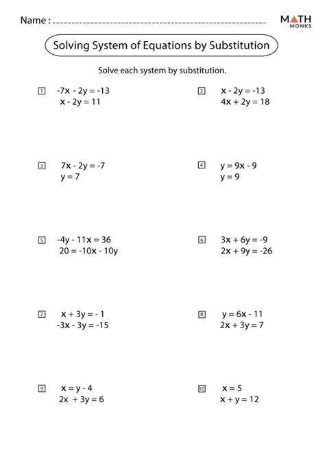 Solving Systems of Equations by Substitution Worksheets - Math Monks