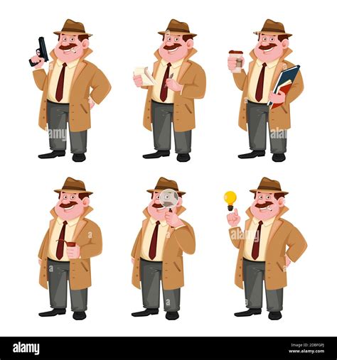 Stock vector detective character, set of six poses. Investigator ...