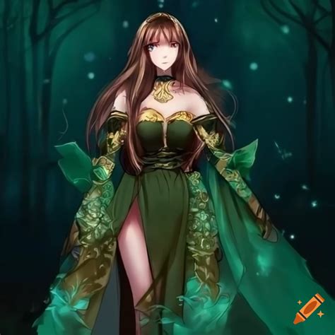 Drawing of a mystical woman in green and gold dress