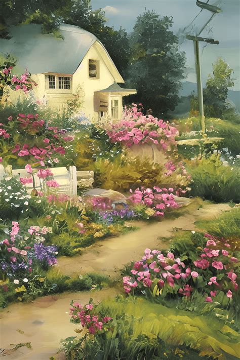 Vintage Summer Country Cottage Landscape Oil Painting · Creative Fabrica