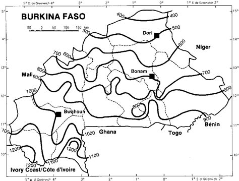 Map of Burkina Faso showing mean average annual rainfall (after ...