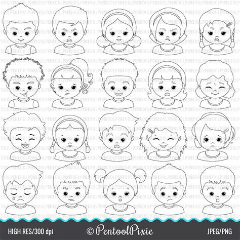 Emotions Clipart, Lineart, Black and White, Expressions Clipart, Kids ...