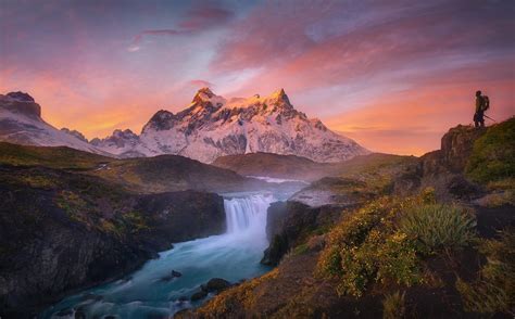 sunrise, Mountain, River, Waterfall, Torres Del Paine, Chile, Snowy ...