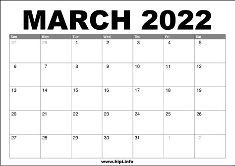 March 2022 Calendar Printable Free - Hipi.info