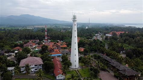 Banten, Indonesia 2021-- Aerial view of Lighthouse sea rock sunset ...