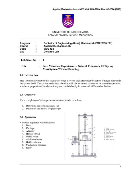 Dynamics Lab sheet 1 - Free Vibration Experiment - PKP - lab strength ...