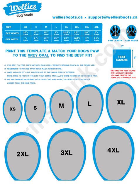 Wellies Dog Boots Sizing Chart printable pdf download