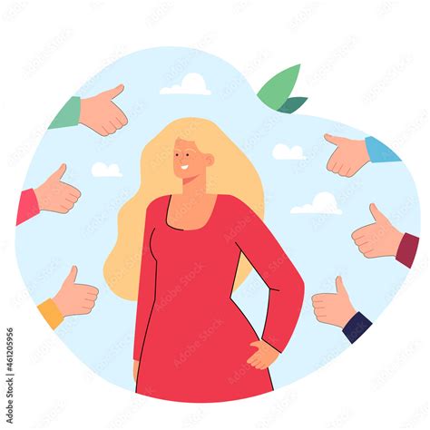 Hands of people showing thumbs up to happy cartoon woman. Female ...