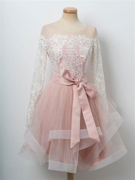 A-line Cute Pink Short Prom Dress Long Sleeve Scoop Lace Homecoming ...