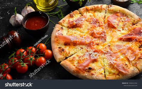 Delicious Pizza Cheese Prosciutto Top View Stock Photo 1936522354 ...