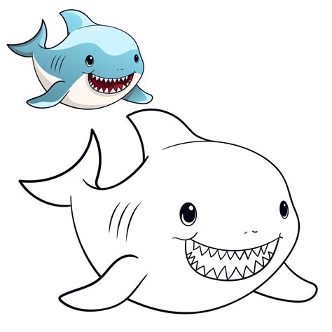 Cute baby Shark coloring page. Black and white cartoon illustration for ...